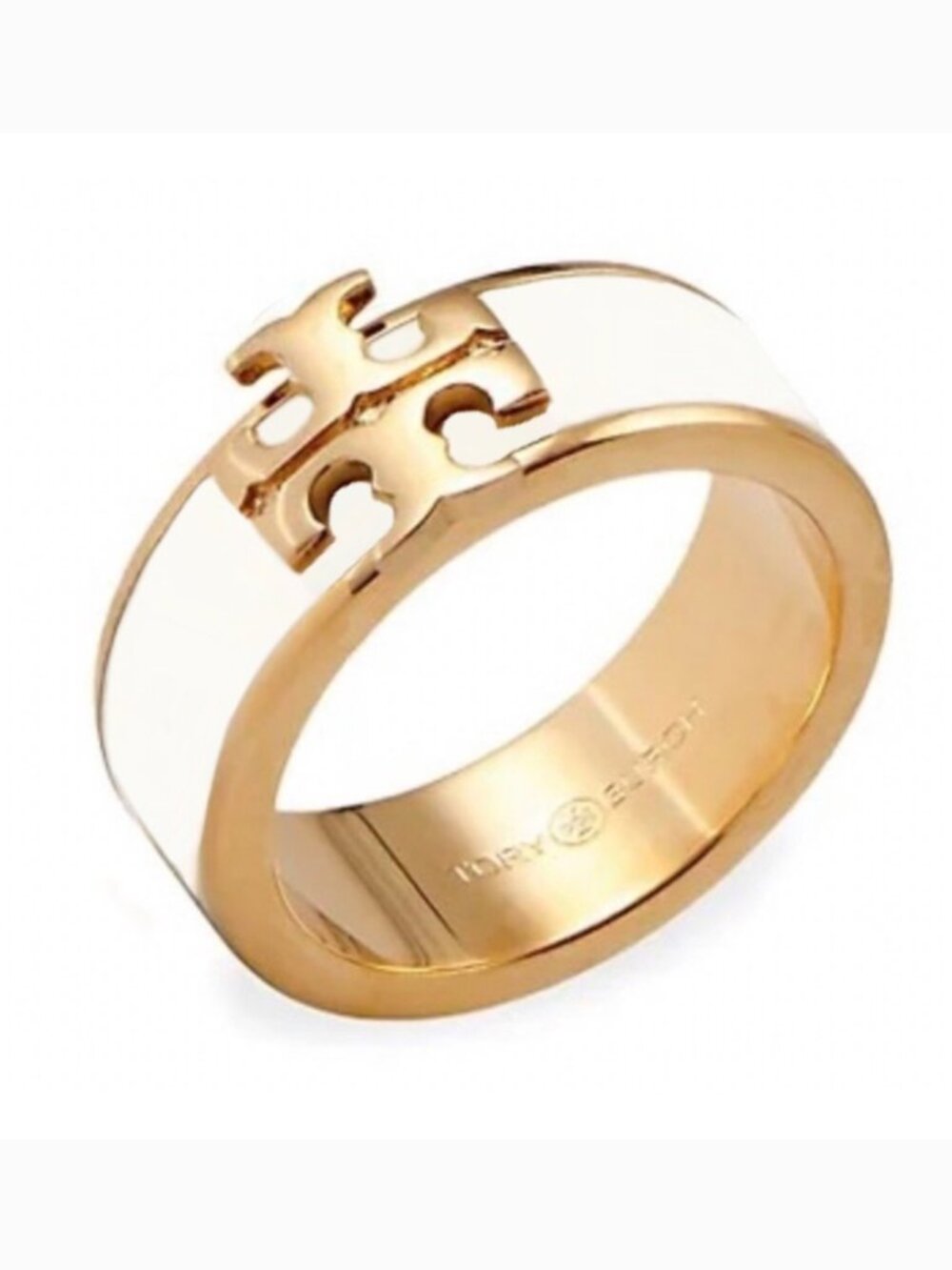 Tory Burch Kira Enamel Logo Ring White Gold Tone Statement Ring size 8